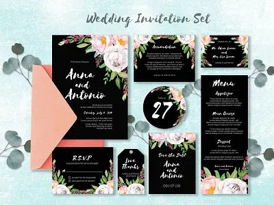 lovely wedding invitation set with watercolor floral beautiful bouquet card decoration design elegant floral flower frame green greenery illustration leaf love nature set vector vintage watercolor wedding