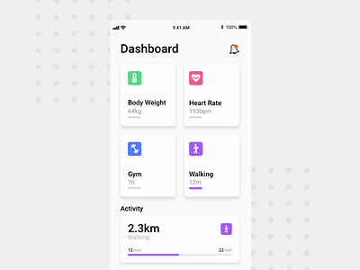Fitness Application Screen Home Screen application body weight color dashboard design gym heart icon km mobile typography ui ux walking weight