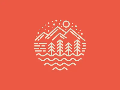 Nature badge crest brand branding circle circular geometry geometric illustrative illustration lake water landscape view line monoline logo identity moon night mountain tree nature fresh outdoor adventure outline stroke scene scenery simple minimalist sun star travel trip