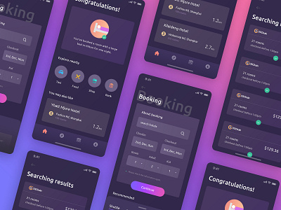 Booking App booking booking app dark design flat graphic gridient hotel illustration purple ui ux