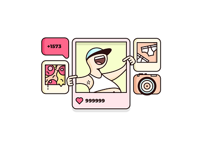 Influencer armpit camera cap cartoon character flat genius illustration instagram laugh media outline pastel pizza post shading social stats stroke underwear