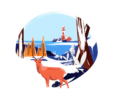 Deer in snow brush character deer design dribbble graphic deisgn landscape illustration light house snow target