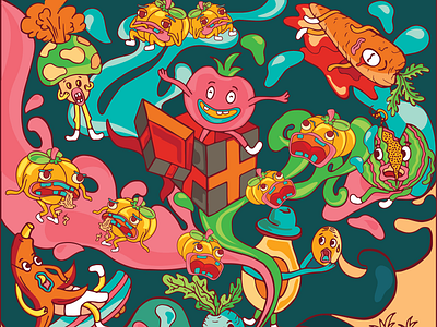 Paranoid world banana character character design color design flat flat design illustration infographic design pumpkin tomatoes vagatable vagestable vector watermelon