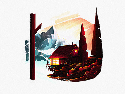 Lake House cabin colour dark forest hiking illustration lake landscape mountains orange sunset texture