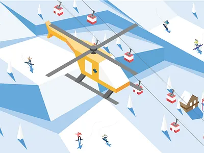Isometric winter ski resort illustration with rescue helicopter austria design helicopter illustration isometric ski lift ski resort