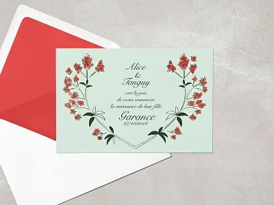 Garance birth announcement cecyliacurtel color draw flower illustration graphicdesign plant red and green