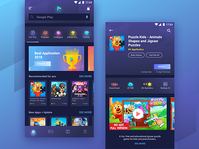 Redesign Google Play Store - Dark Mode dark app dark blue dark mode google play google redesign app illustration mobile play store redesign playstore ui ux