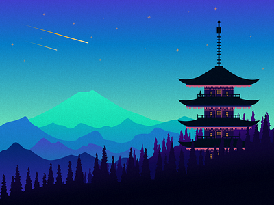 Sad design illustration meteor mountain pavilion starry sky tree ui