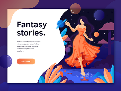 Fantasy Story books fantasy world flat vector girl illustration landing page leaves nature