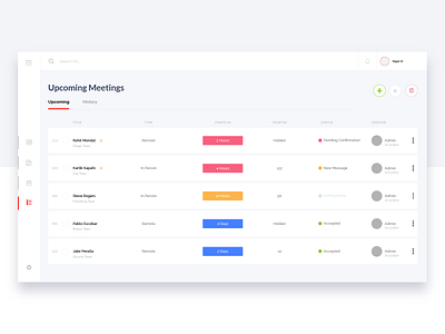 Upcoming Meetings Schedule. admin dashboard application management cards layout corporate design cta buttons dashboard design employee management enterprise software flat cards rajat mehra india rohit mondal design sidebar navigation time management