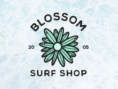 Blossom blossom blue board shop branding flat flower graphic illustration logo minimal ocean simple surf surfboard typography waves
