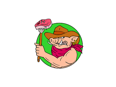 Cowboy Hog Holding Barbecue Steak Drawing Color