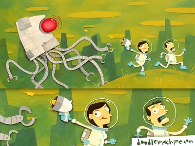 "Don, Leena, and the Robot Squid" alien art cartoon character commission cute drawing freelance illustration illustrator monster painting planet robot running space squid story whimsical