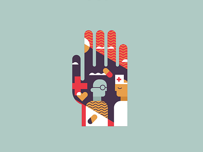 Lend a Hand america art clouds concept doctor editorial geometric graphic hand health care illustration multiply nurse people texture vector wave