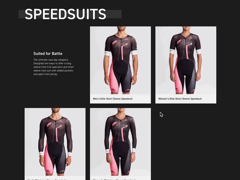 Product Information Drop Down annimation apparel athlete bike design agency drop down grid design grid layout iamota information pdp product product cards speedsuit ui ux design