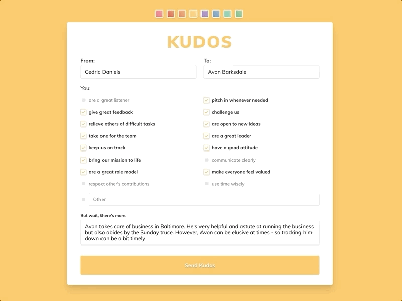 Thank You/Kudos Form checkbox codepen component css design emoji form gif input interaction kudos thank you theme ui icons ux ux animation