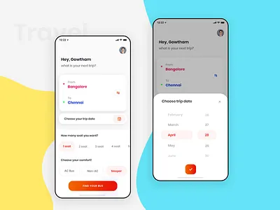 Bus booking app android app booking bus bus booking calender clean concept date day design filter ios location minimal page popup profile screen time