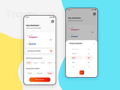 Bus booking app android app booking bus bus booking calender clean concept date day design filter ios location minimal page popup profile screen time