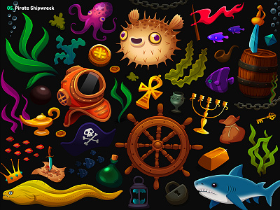 Garmin | Adventure Trail / 05. Pirate Shipwreck props algas barrel cross eel fish gold lock loot octopus pirate pirates plants pufferfish seaweed shark shipwreck sword treasure white shark wrack