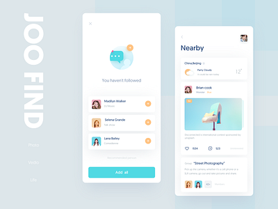 Joo Find 02 app blue card clean color design empty layout photo ui weather