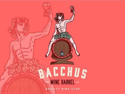 Bacchus alchohol bacchus barrel boy brand brandig glass god grapes illustraion label design logo myth mythological red wine wine wine barrel wine glass