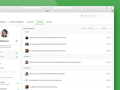 Sigstr Relationships - Contact Activity Feed activity activity feed b2b card design email feed flat green marketing profile pulse relationship intelligence saas signatures sigstr software ui ux web