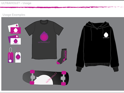 "Ultraviolet" Logo: Usage Examples business cards design flames hoodie logo purple skateboard design socks tags tshirt ultraviolet usage violet