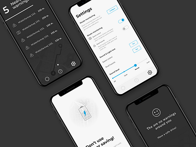 Ooono app screens alerts app app design battery black blue car car design dark dark theme graphic design map navigation screen settings simple warning white
