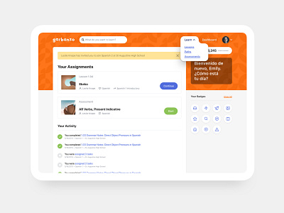 Garbanzo Dashboard app application design education learning spanish ui ux web