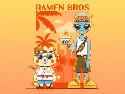 RAMEN BROS alien alienboy alterfan alterfan art artist cartoon cartoon character character character design coverart illustration katana maneki neko nekokid noodles ramen ramenbros sword vector