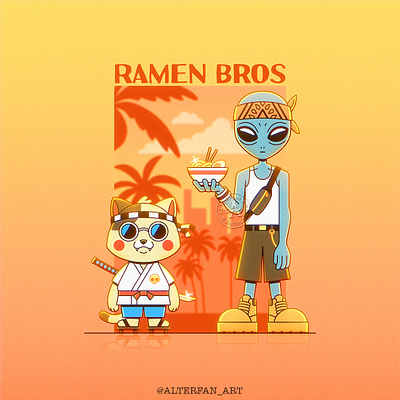 RAMEN BROS alien alienboy alterfan alterfan art artist cartoon cartoon character character character design coverart illustration katana maneki neko nekokid noodles ramen ramenbros sword vector