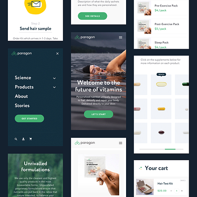 Paragon Vitamins ecommerce green mobile navigation ui ux vitamin website