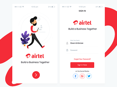 Airtel Login UI airtel clean ui design enterprise login red ui ui ux design ux vector white