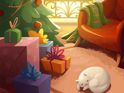 Game background carpet cat chair christmas christmas tree cozy fireplace game gifts illustration plaid warm