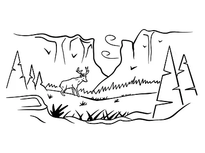 In the wild birds black and white cat illustration clearing dear grass lineart meditate meditation nature trees wind