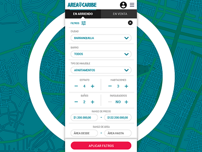 Áreacaribe - filters app buttons clean filter flat interface ios layout maps options range real estate ui ux