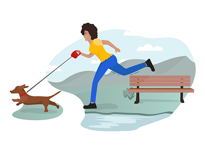 Who's Walking Who? african american bench black dachshund dog drawing girl google illustration mountains park running vector walking
