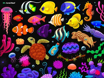 Garmin | Adventure Trail / 04. Coral Reef props adventure animals bottle clownfish coral fish game illustration message nemo ocean reef sea seahorse seaweed squid tropical turtle water