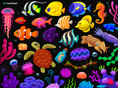 Garmin | Adventure Trail / 04. Coral Reef props adventure animals bottle clownfish coral fish game illustration message nemo ocean reef sea seahorse seaweed squid tropical turtle water