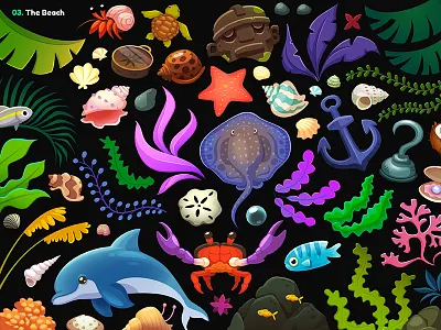 Garmin | Adventure Trail / 03. Beach Props anchor beach compass conch coral crab dolphin fish hermit hook ocean ocean life palm pirate sea seashell seaweed starfish summer tree
