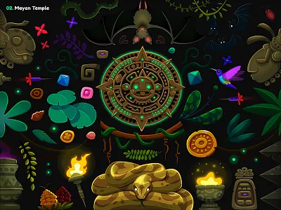 Garmin | Adventure Trail / 03. Mayan Temple adventure anaconda archeology bat corn fire game gods gold hummingbird illustration jungle mayan snail snake statues temple trail treasure vine