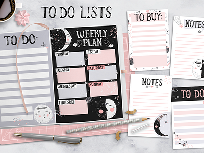 Planner black buy design hand drawn illustration lettering list mood moon note plan planner to do to do list week white