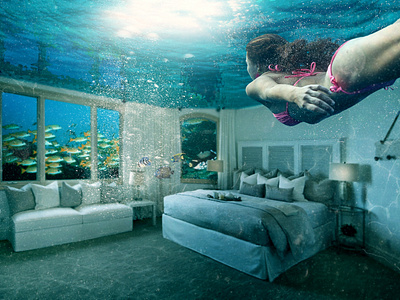 underwater room artwork collage composing design girl illustration photocollage photomanipulation photoshop room water