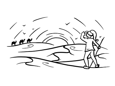 Desert camel camels desert dune girl illustration leaf line art man man cartoon meditate meditation nature relax sound sun sundown wind