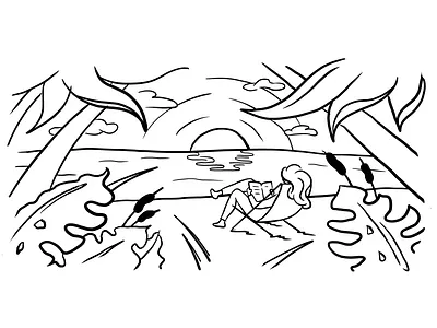 Summer sunset breathe exotic float illustration line art meditate meditation nature playfull read relax relaxed sea sit sound summer sun tree water wind