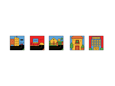 La ciudad, la carretera, la colonia, la casa y el edificio. building city community icons icons set road