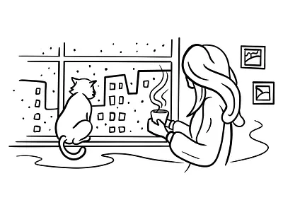 First snow cat chill coffee bar cold energy girl character home hot dog illustration line art meditate meditation rain relax snow snow flakes tea logo window winter sports