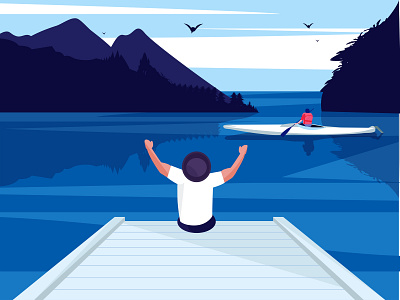 Blue sea blue sea boat character dribbble graphic deisgn illustration landscape mountain sea target