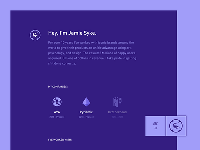 DEC 18: SYKE 2019 branding dark design flat launch logo minimal mobile personal brand personal site portfolio purple responsive simple syke typography ui web webflow website