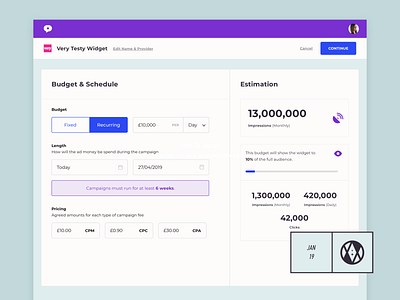 Converse - Create Widget 2 advertising app budget campaigns card create dashboard design estimation flat internal tool minimal press schedule simple typography ui ux web widget